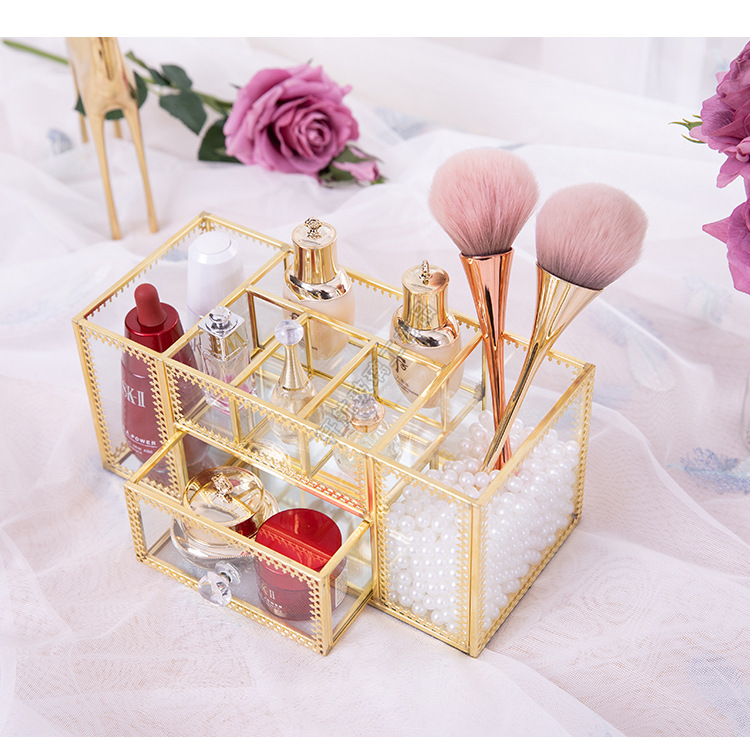 European-Style Internet Celebrity Nail Storage Box Dressing Table Cosmetic Brush Tube Glass Desktop Storage Rack Brush Skin Care Products