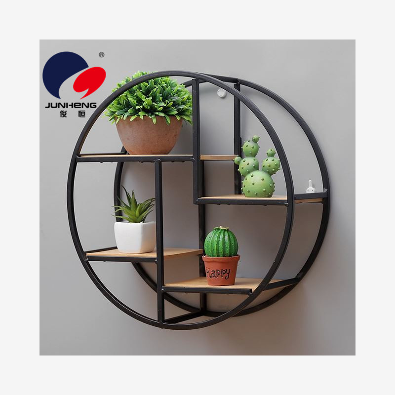 Chinese Style Living Room Wall Hanging Shelf Iron Solid Wood Partition round Decorative Shelf Storage Rack Wall Hanging