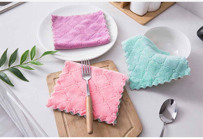 Double-Sided Thickened Dishwashing Cloth Household Kitchen Absorbent Cleaning Cloth Coral Velvet Decontamination Dish Towel