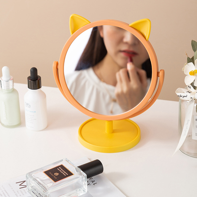 Desktop Makeup Mirror Desktop Cartoon Mirror Female Portable Dormitory Students Cat Ear Dressing Mirror Simple Makeup Princess Mirror