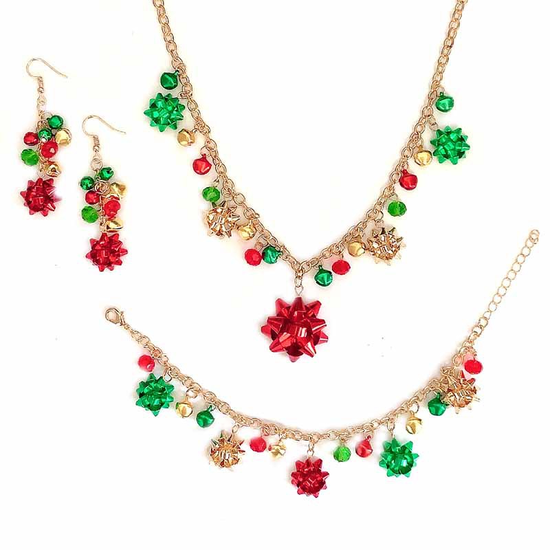 Europe and America Cross Border New Christmas Necklace Set Flower Color Bell Necklace Bracelet Earrings Christmas Ornaments