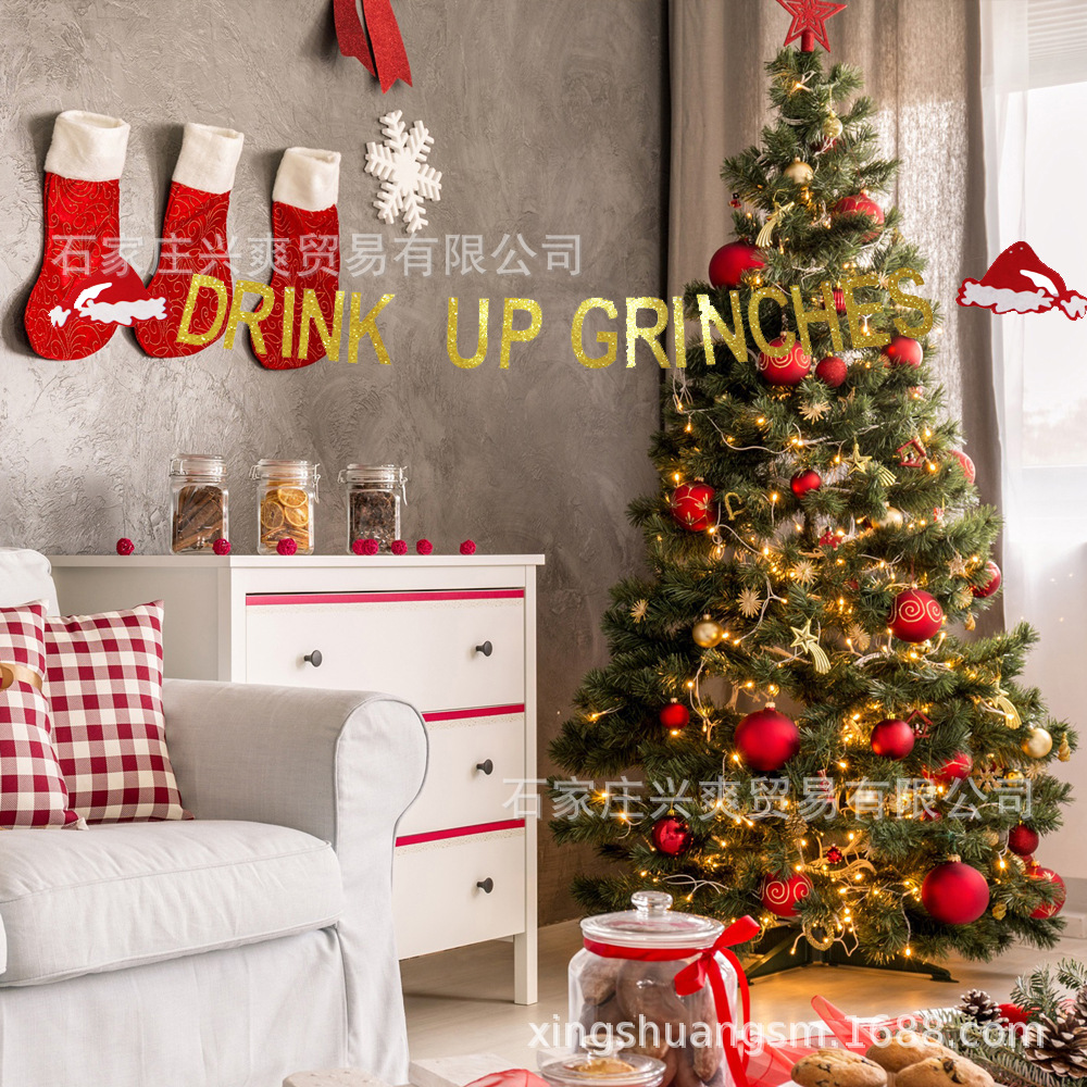 Christmas Hanging Flag Products Accessories Pendant Christmas Hat Gold Leaf Hanging Flag DRINK UP GRINCHES