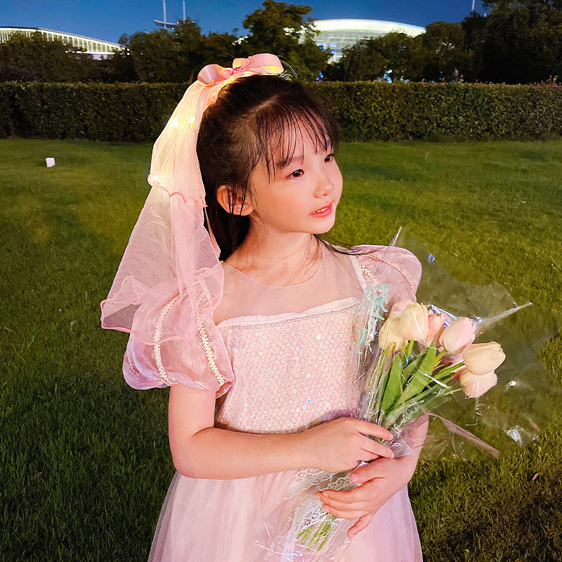 Wedding Flower Girl Super Fairy Luminous Veil with Light Clip TikTok Same Style Children Baby Hairpin Parent-Child Photography Artifact