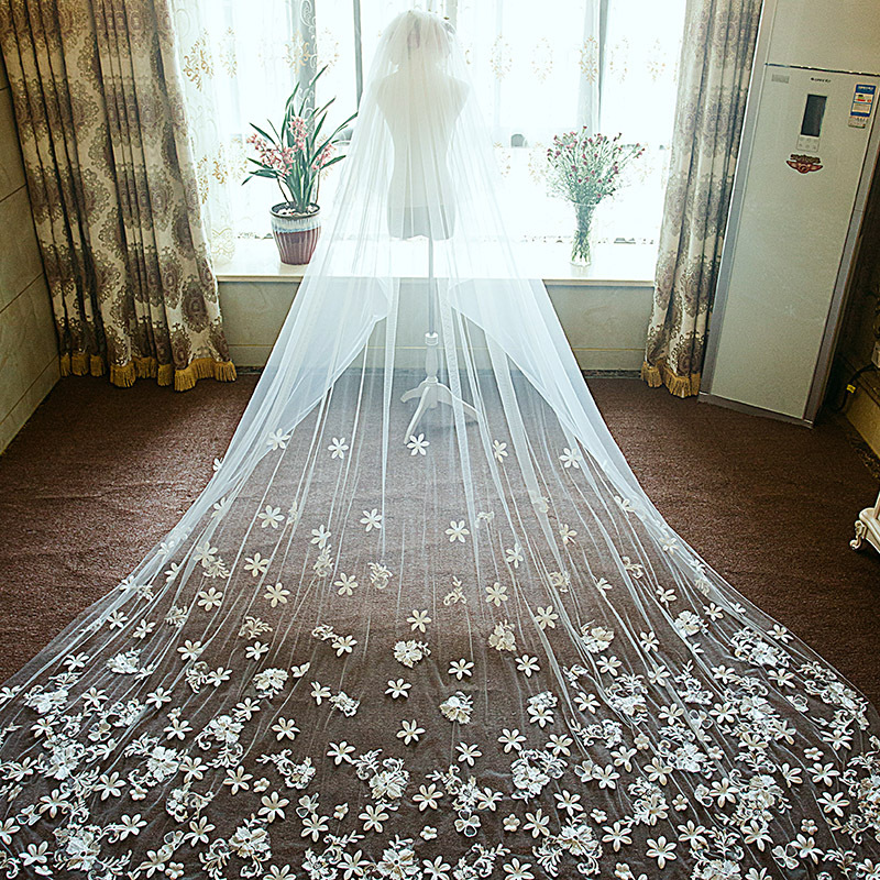 New European-Style Romantic Lace Flower Long Trailing Soft Yarn Veil Extra Long Bride Wedding Dress Veil