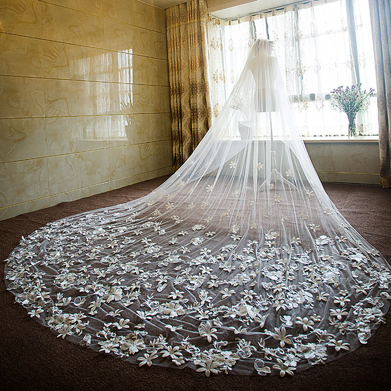 New European-Style Romantic Lace Flower Long Trailing Soft Yarn Veil Extra Long Bride Wedding Dress Veil