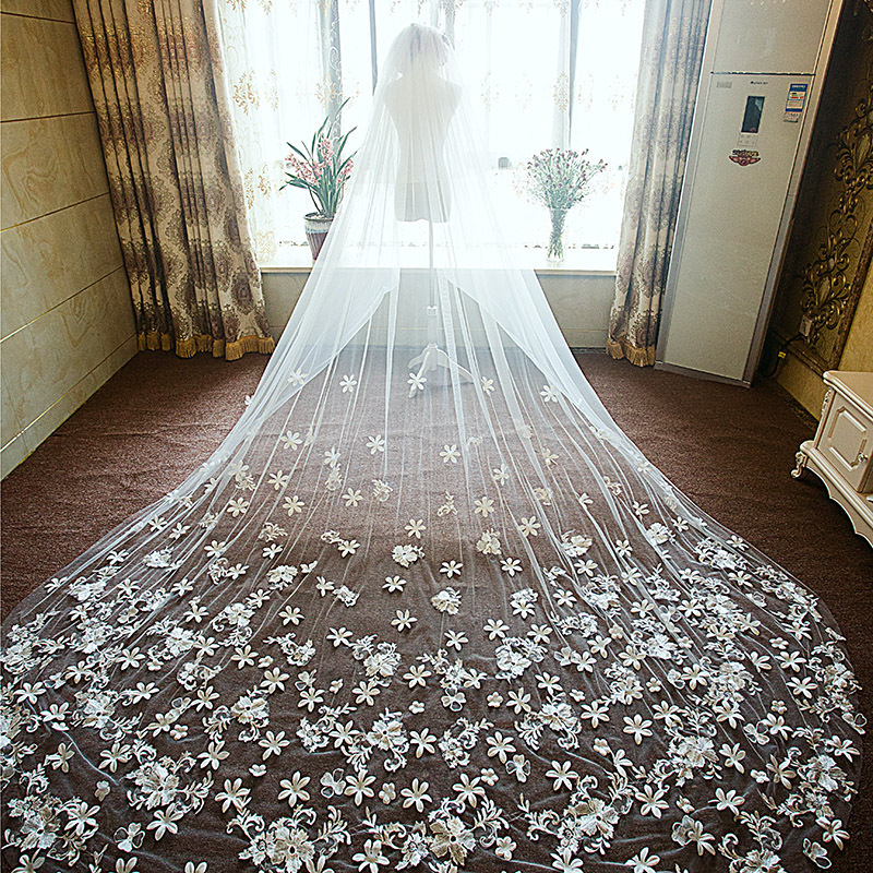New European-Style Romantic Lace Flower Long Trailing Soft Yarn Veil Extra Long Bride Wedding Dress Veil