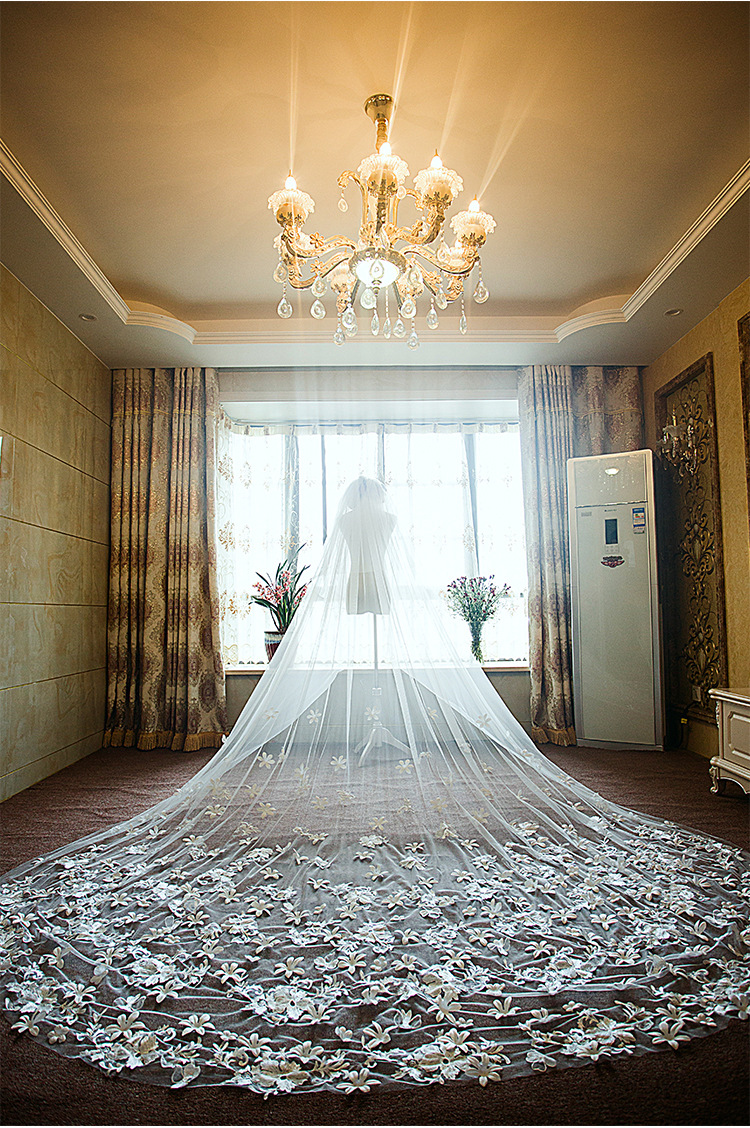 New European-Style Romantic Lace Flower Long Trailing Soft Yarn Veil Extra Long Bride Wedding Dress Veil New European-Style Romantic Lace Flower Long Trailing Soft Yarn Veil Extra Long Bride Wedding Dress Veil