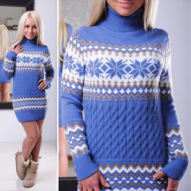 Aliexpress amazon hot style \&#034;women &#039;s Christmas turtleneck dress long snowflake pullover knitwear