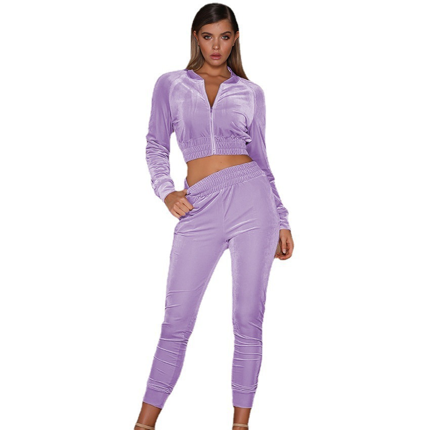 2021 Swan Suede Suit Women&#039;s European and American Autumn and Winter Solid Color Zipper Sweater Ankle-Tied Sports Trousers Two-Piece Suit Women&#039;s
