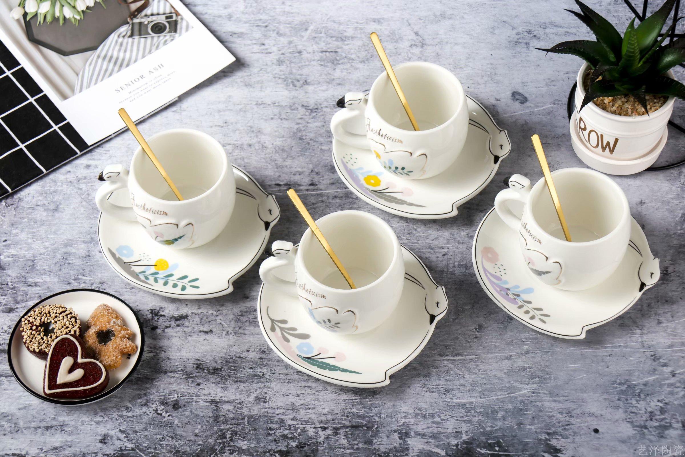 Embossed Swan ceramic cup saucer fashion coffee cup water cup