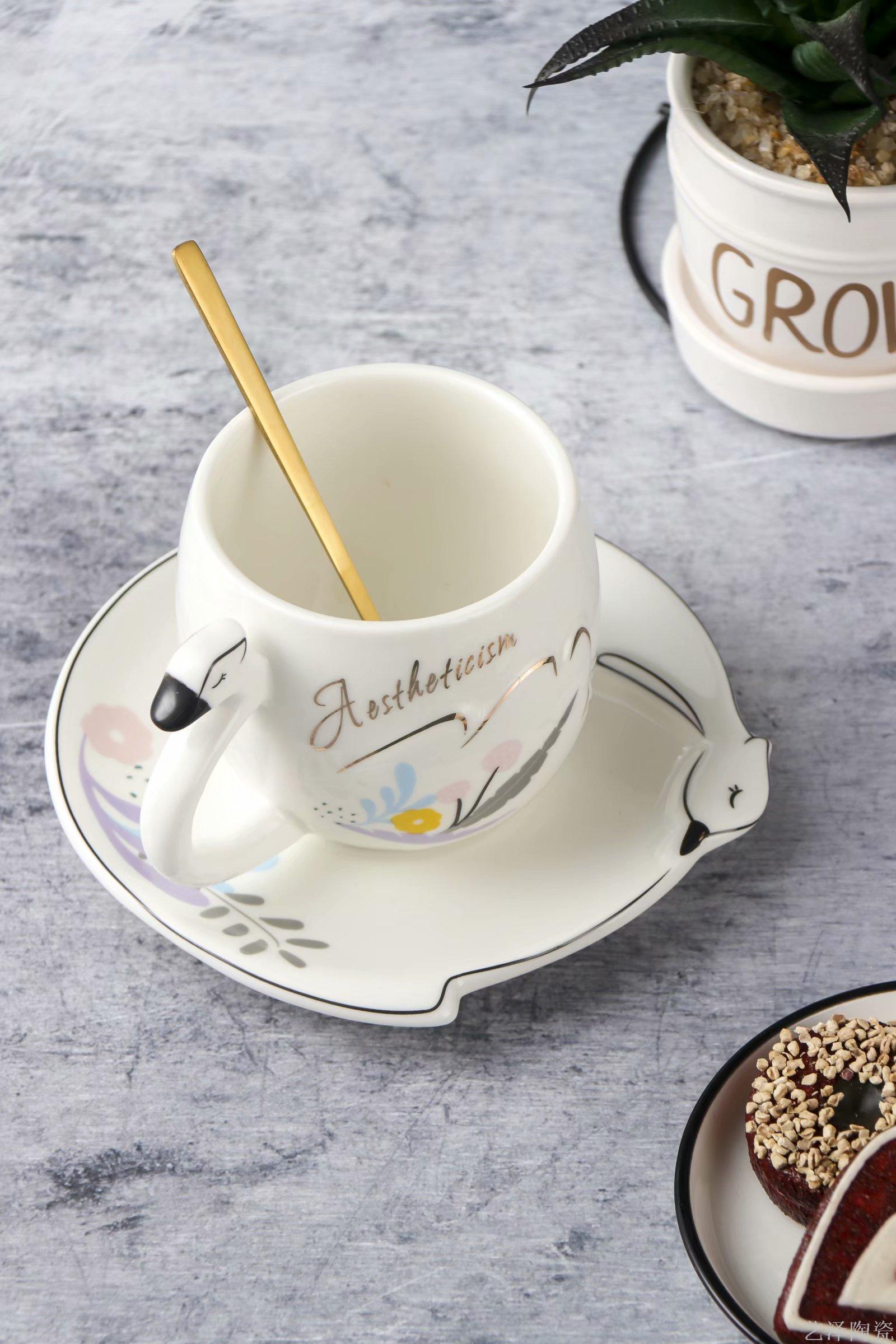 Embossed Swan ceramic cup saucer fashion coffee cup water cup