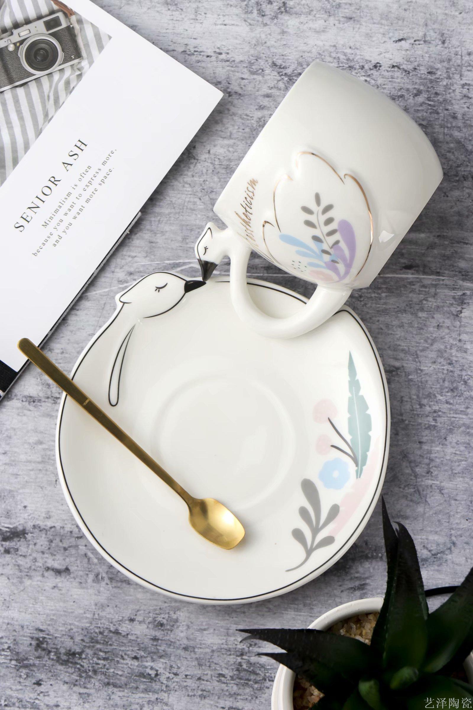 Embossed Swan ceramic cup saucer fashion coffee cup water cup