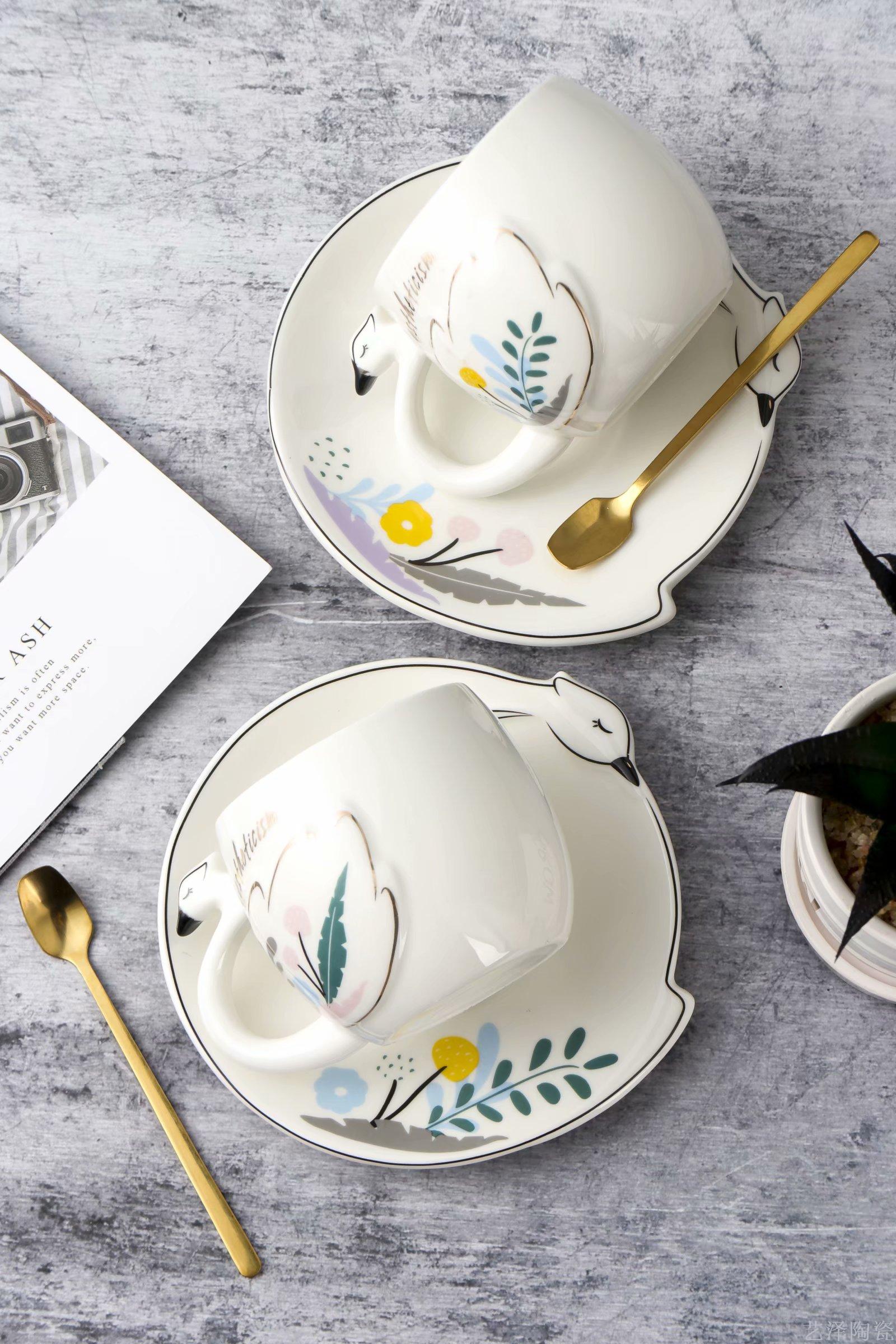 Embossed Swan ceramic cup saucer fashion coffee cup water cup