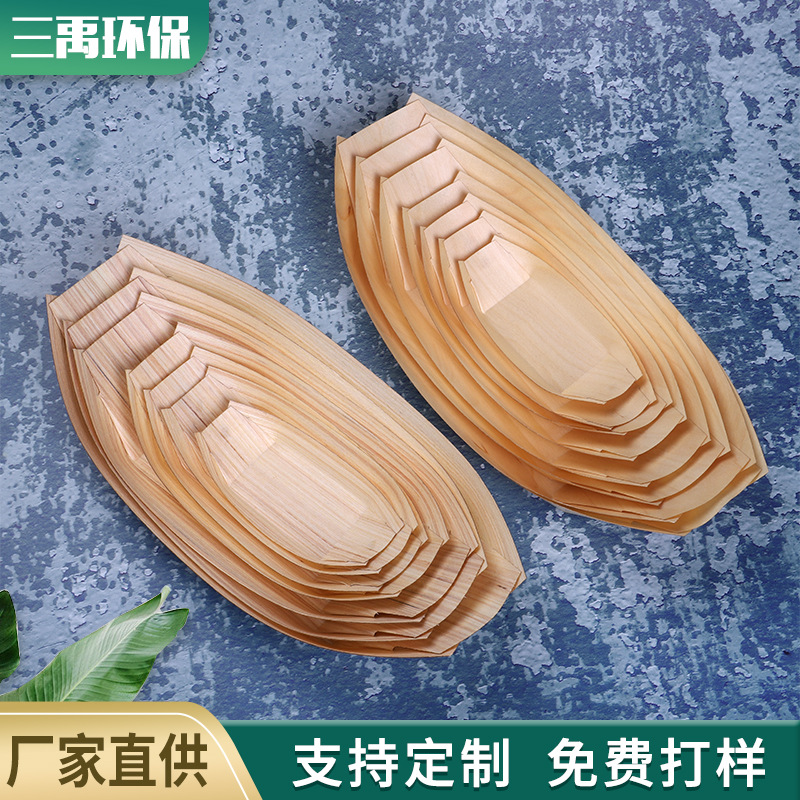 Disposable Open Paper Box Wooden Boat-Shaped Snack to-Go Box Japanese Cuisine Dessert Fruit Plate