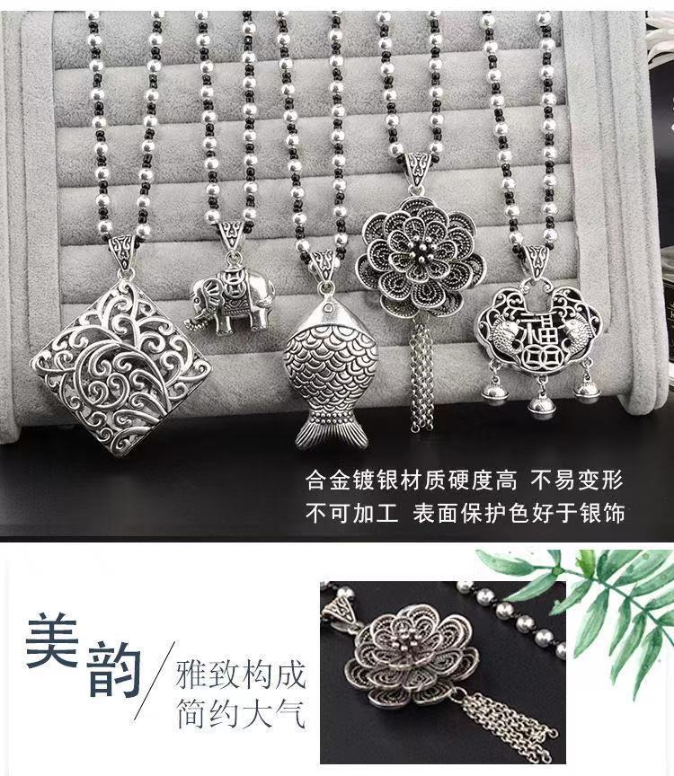 Retro Imitation Tibetan Silver Long Sweater Chain Safety Buckle Pendant Square Fortune Necklace for Women with Clothes Accessories Pendant Retro Imitation Tibetan Silver Long Sweater Chain Safety Buckle Pendant Square Fortune Necklace for Women with Clothes Accessories Pendant