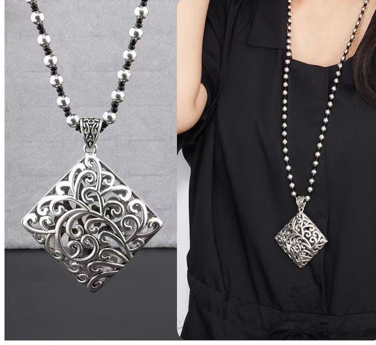 Retro Imitation Tibetan Silver Long Sweater Chain Safety Buckle Pendant Square Fortune Necklace for Women with Clothes Accessories Pendant Retro Imitation Tibetan Silver Long Sweater Chain Safety Buckle Pendant Square Fortune Necklace for Women with Clothes Accessories Pendant