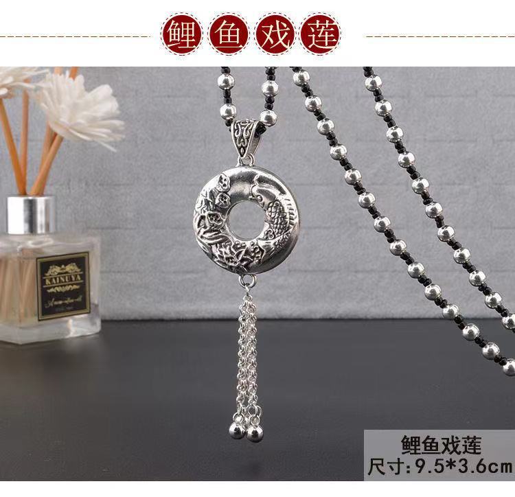 Retro Imitation Tibetan Silver Long Sweater Chain Safety Buckle Pendant Square Fortune Necklace for Women with Clothes Accessories Pendant Retro Imitation Tibetan Silver Long Sweater Chain Safety Buckle Pendant Square Fortune Necklace for Women with Clothes Accessories Pendant