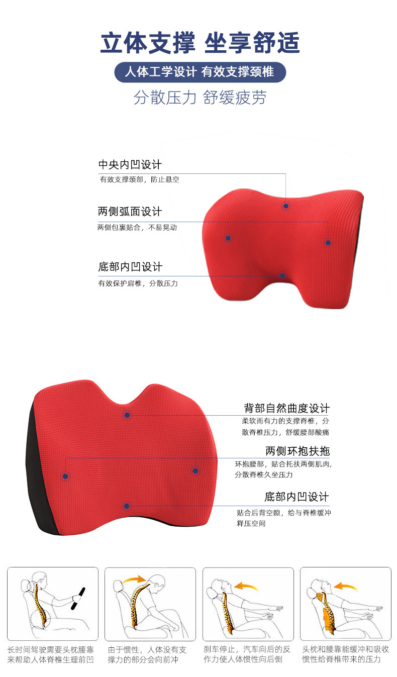 Back Seat Cushion Pillow Customized Four Seasons Memory Foam Car Pillow Car Supplies Slow Rebound Automotive Headrest Lumbar Support Pillow