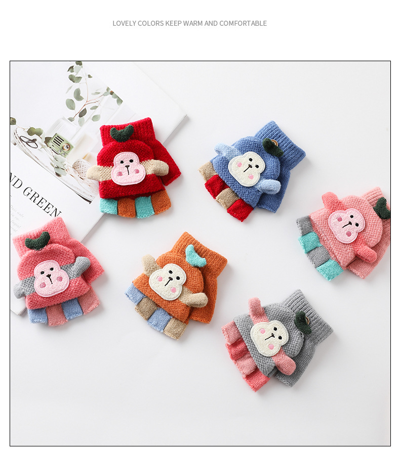 Factory Direct Supply Children's Gloves Winter Boys and Girls Cute Warm Half Finger Cap Knitted Children's Gloves