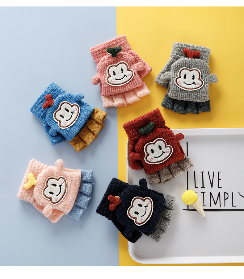 Factory Direct Supply Children's Gloves Winter Boys and Girls Cute Warm Half Finger Cap Knitted Children's Gloves