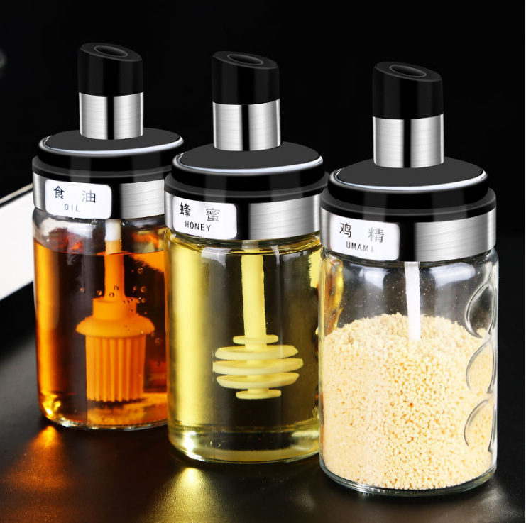Factory Supplier Kitchen Spice Jar Sealed Glass Seasoning Bottle Cap Spoon Integrated Moisture-Proof Seasoning Bottle Salt Jar Brush Oiler