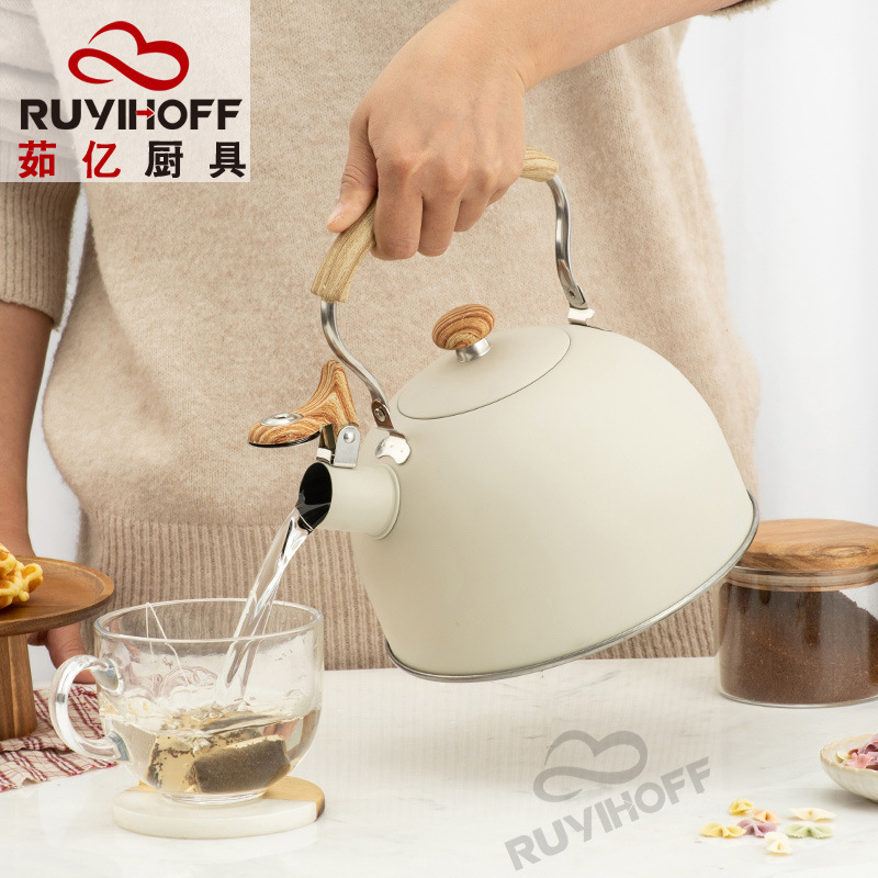 Amazon Cross-Border Whistle Kettle Beige 5L Flat Sound Pot Wholesale European Stainless Steel Whistle Pot