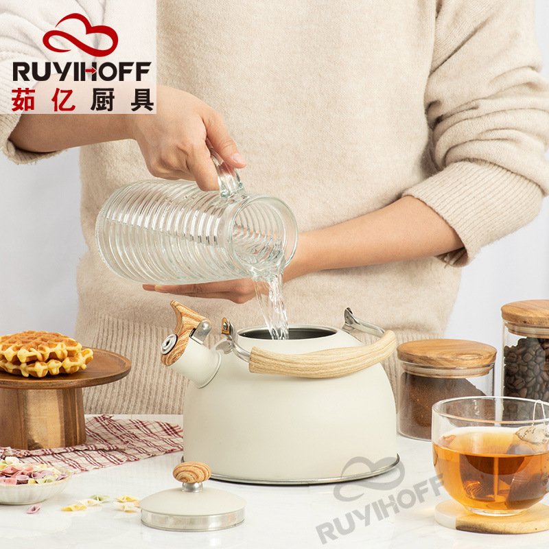 Amazon Cross-Border Whistle Kettle Beige 5L Flat Sound Pot Wholesale European Stainless Steel Whistle Pot