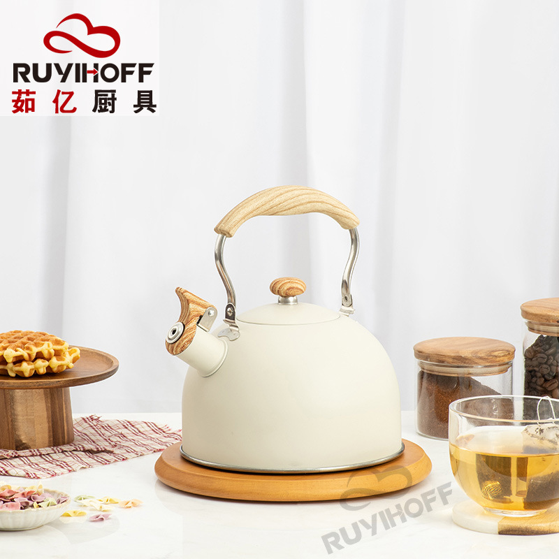 Amazon Cross-Border Whistle Kettle Beige 5L Flat Sound Pot Wholesale European Stainless Steel Whistle Pot