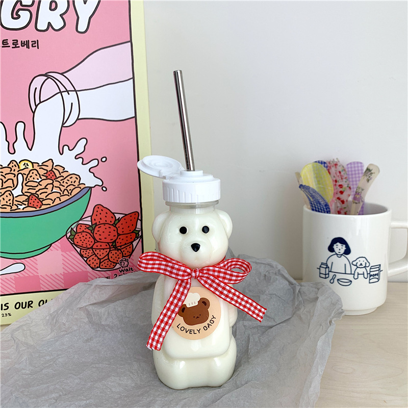 Korean Ins Cute Cartoon Bow Bear Cup with Straw Girl's Heart Student Transparent Cup Straw Sticker Korean Ins Cute Cartoon Bow Bear Cup with Straw Girl's Heart Student Transparent Cup Straw Sticker