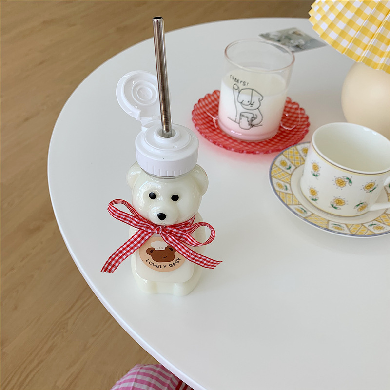 Korean Ins Cute Cartoon Bow Bear Cup with Straw Girl's Heart Student Transparent Cup Straw Sticker Korean Ins Cute Cartoon Bow Bear Cup with Straw Girl's Heart Student Transparent Cup Straw Sticker
