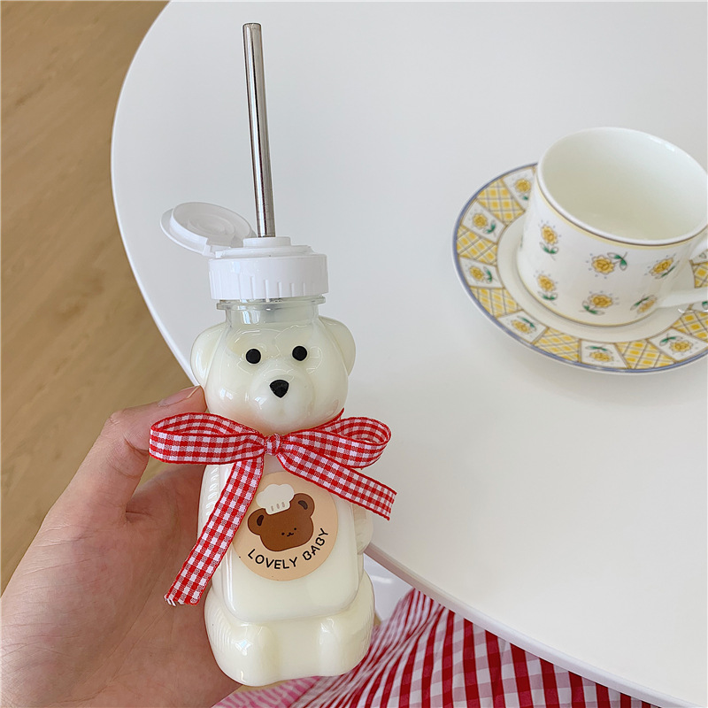 Korean Ins Cute Cartoon Bow Bear Cup with Straw Girl's Heart Student Transparent Cup Straw Sticker Korean Ins Cute Cartoon Bow Bear Cup with Straw Girl's Heart Student Transparent Cup Straw Sticker