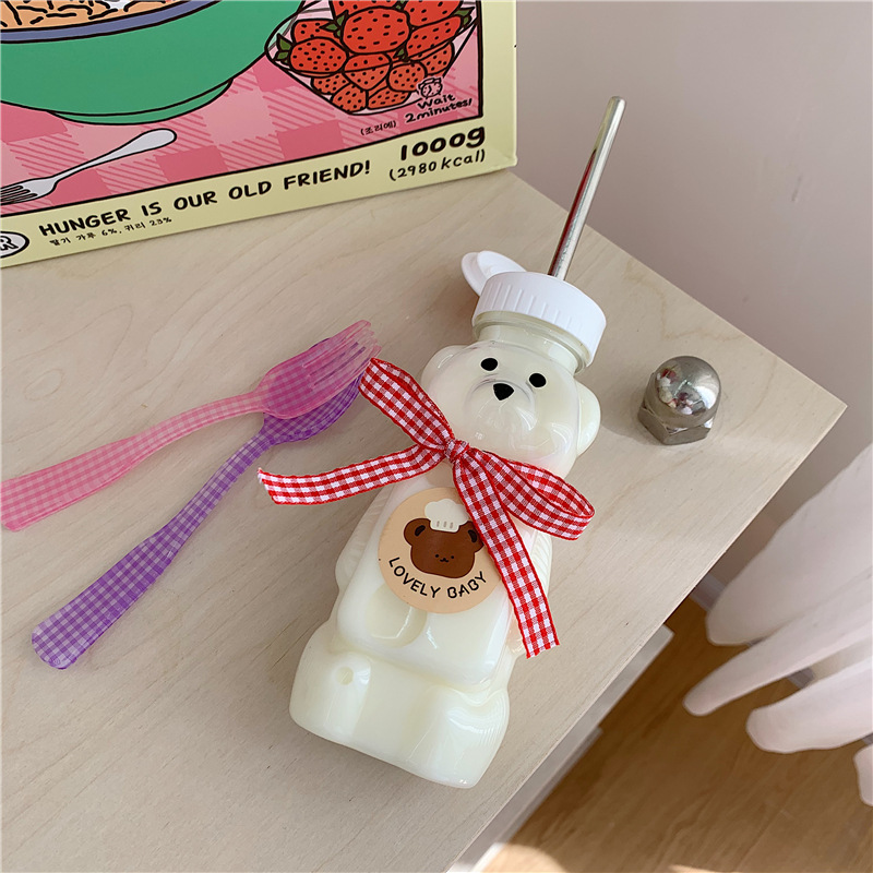 Korean Ins Cute Cartoon Bow Bear Cup with Straw Girl's Heart Student Transparent Cup Straw Sticker Korean Ins Cute Cartoon Bow Bear Cup with Straw Girl's Heart Student Transparent Cup Straw Sticker