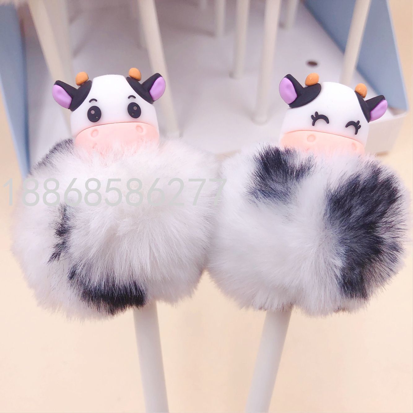 Korean Cartoon Silicone Gel Pen Cow Animal Hair Ball Creative Boutique Gel Pen Promotion Cow Pen