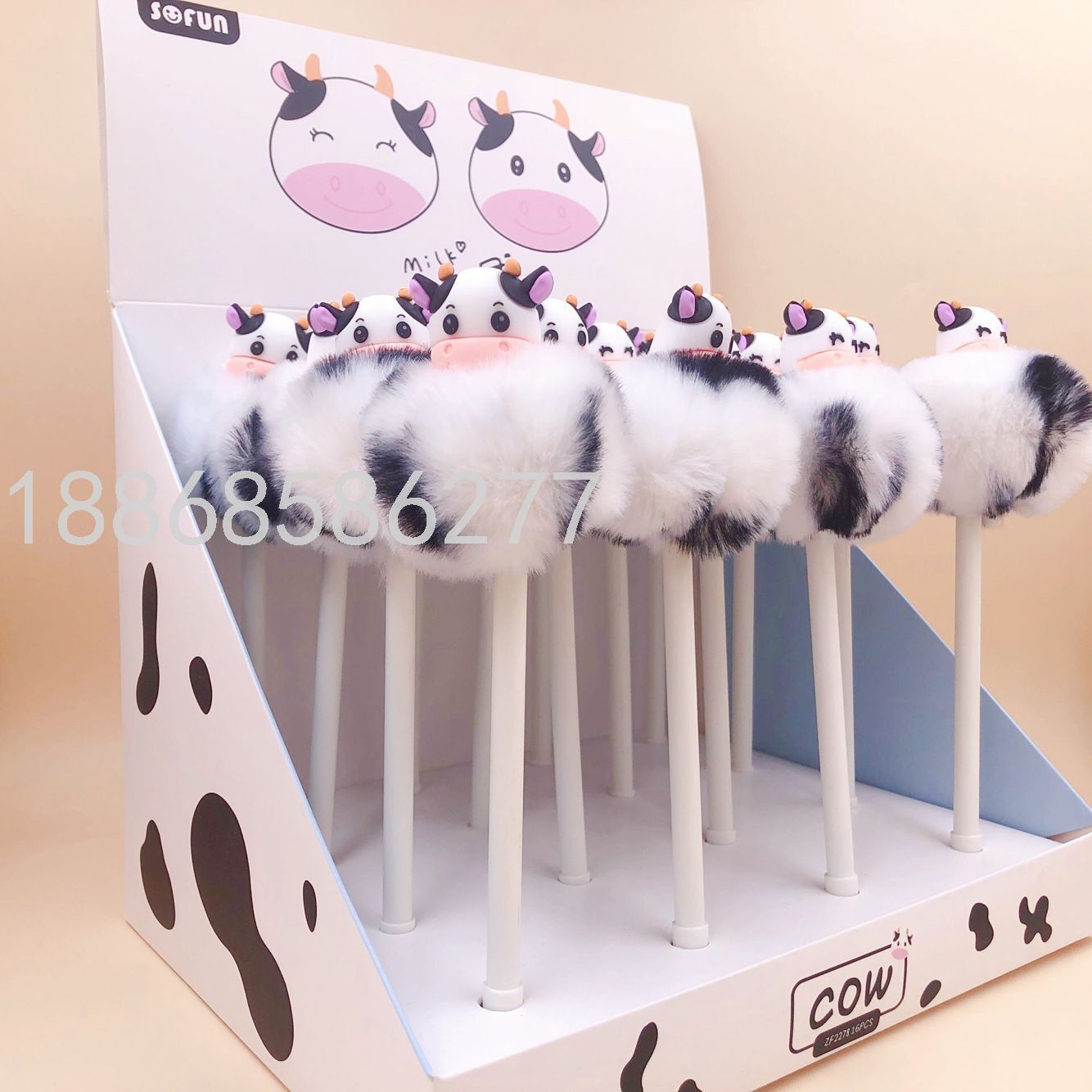 Korean Cartoon Silicone Gel Pen Cow Animal Hair Ball Creative Boutique Gel Pen Promotion Cow Pen