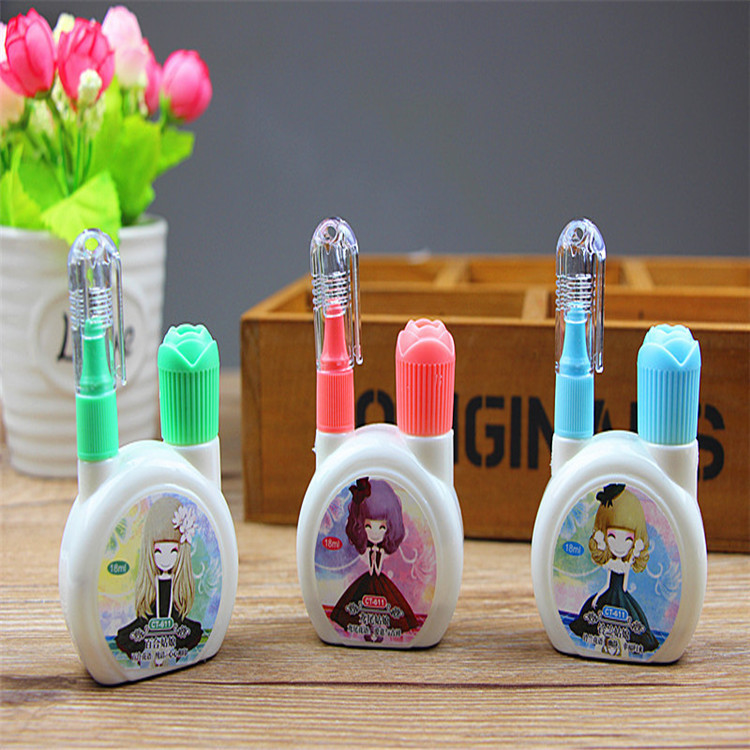 New Cartoon Cute Fresh Pattern Korean Stationery Environmental Protection Steel Head Quick-Drying Correction Fluid Dual-Use Correction Correction Fluid