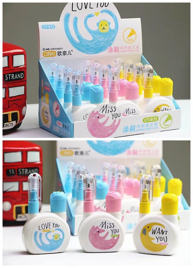 New Cartoon Cute Fresh Pattern Korean Stationery Environmental Protection Steel Head Quick-Drying Correction Fluid Dual-Use Correction Correction Fluid