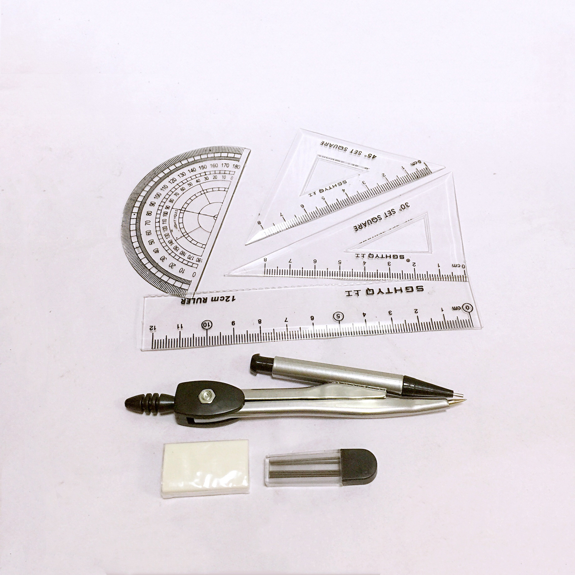Wholesale Student with Ruler Sets Rubber 7-Piece Set Compasses Student Drawing Measuring Examination Exclusive Compasses Set