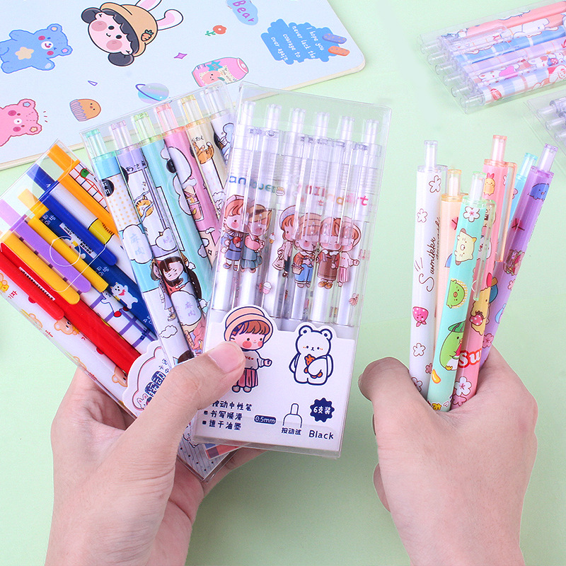 Cartoon Creative 6 PCs Boxed Gel Pen Ins Cute Black Pressing Pen Primary School Student School Supplies Ball Pen Wholesale