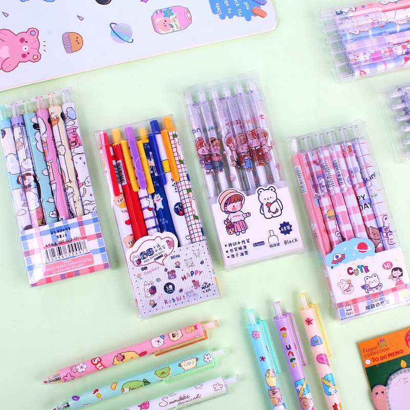 Cartoon Creative 6 PCs Boxed Gel Pen Ins Cute Black Pressing Pen Primary School Student School Supplies Ball Pen Wholesale