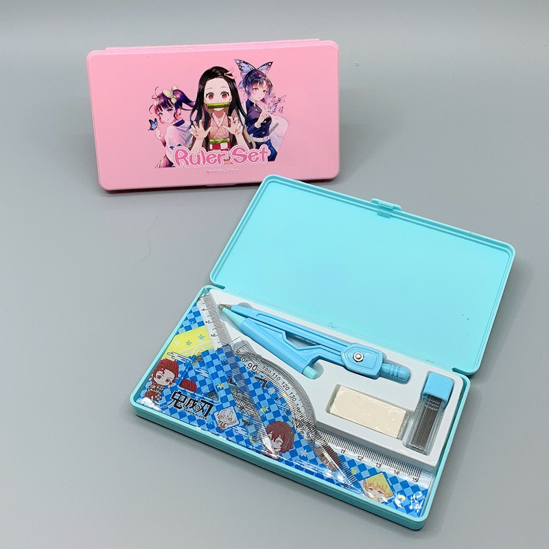 Anime Peripheral Cartoon Student Drawing Stationery Ruler Set Combination Kimetsu No Yaiba Compasses Ruler Set