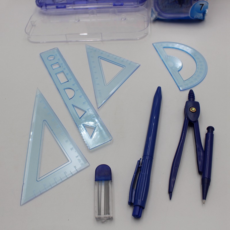 Wholesale Compasses Ruler Set Student Geometric Drawing Ruler Set Plastic Boxed 7-Piece Office Stationery
