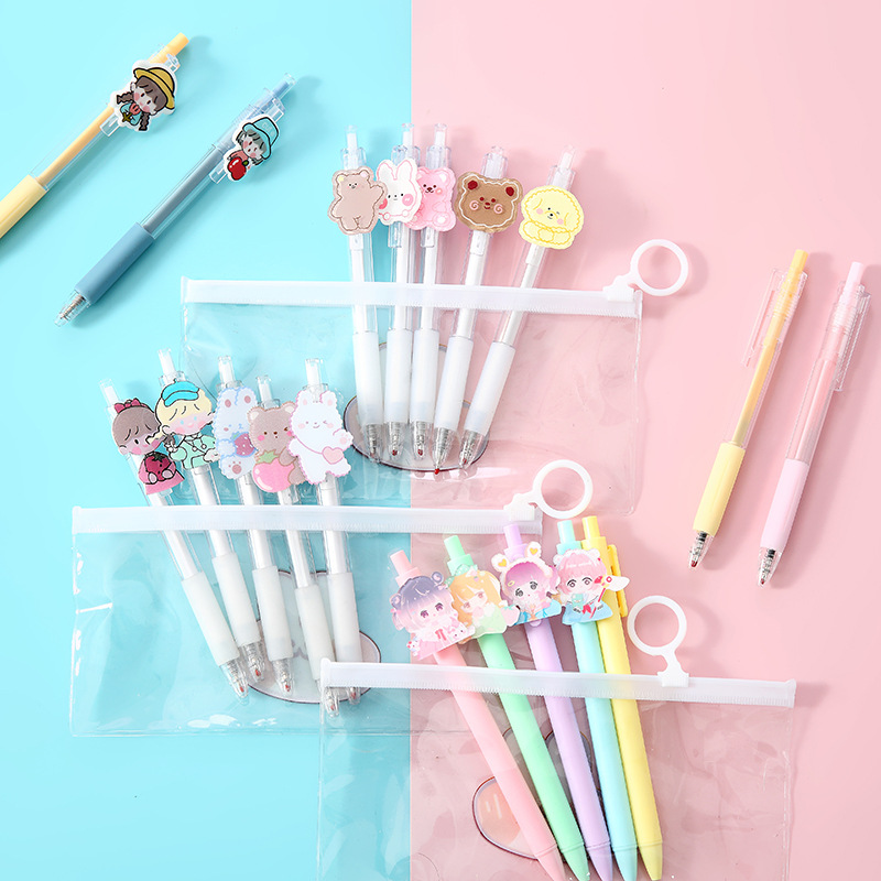 Cartoon Patch Pressing Pen Set Cute Girl Beating 5 Pack Gel Pen Student Writing Signature Ball Pen