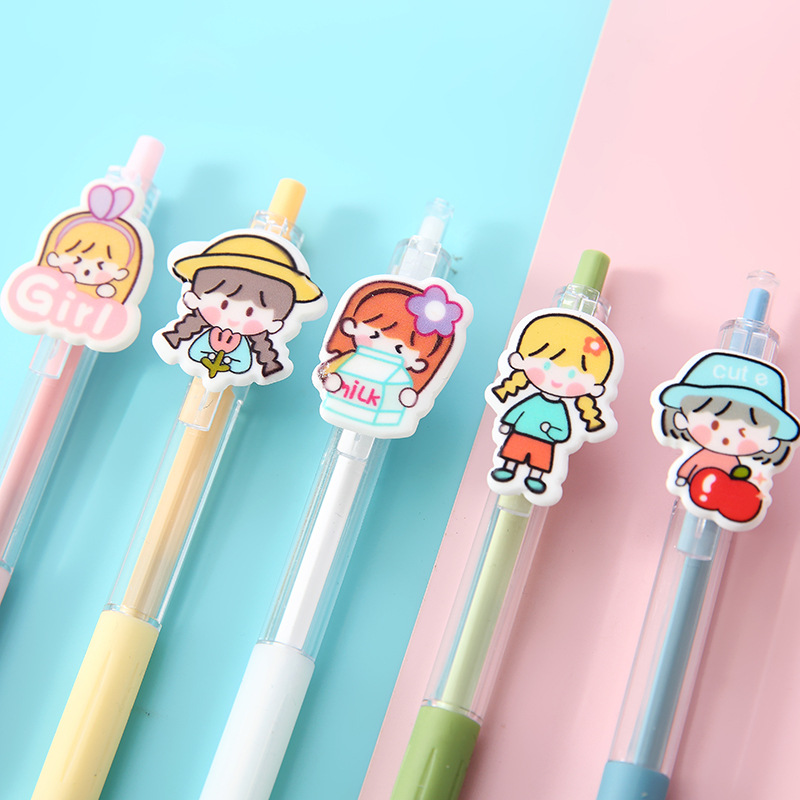 Cartoon Patch Pressing Pen Set Cute Girl Beating 5 Pack Gel Pen Student Writing Signature Ball Pen