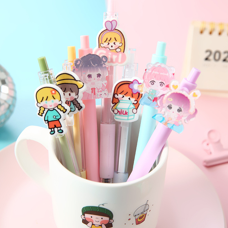 Cartoon Patch Pressing Pen Set Cute Girl Beating 5 Pack Gel Pen Student Writing Signature Ball Pen