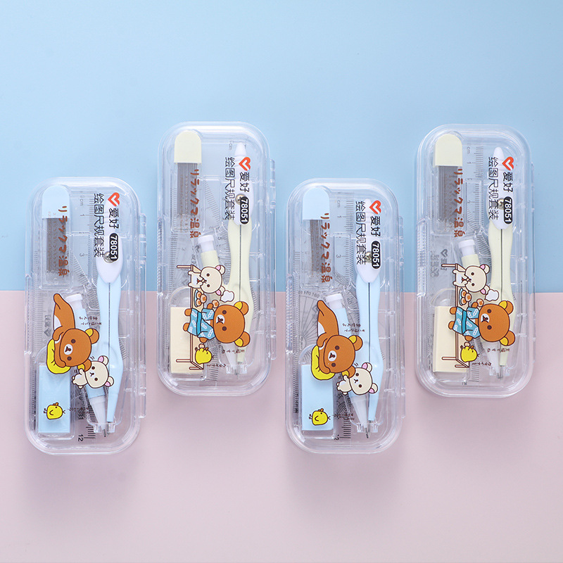 Cartoon Cute Bear Compasses 7-Piece Set Student Professional Drawing Ruler Protractor Mechanical Pencil Lead Wholesale