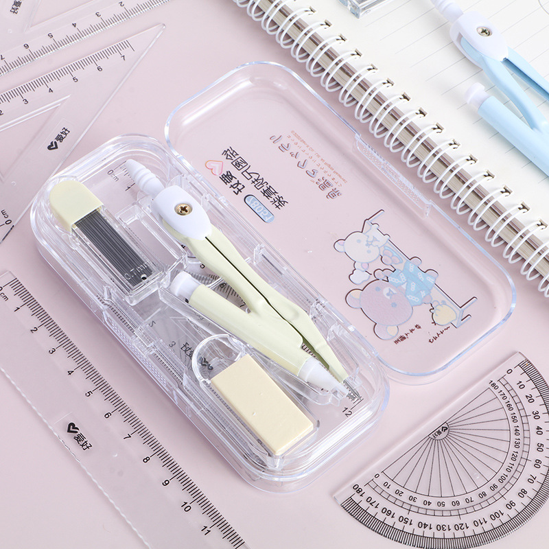 Cartoon Cute Bear Compasses 7-Piece Set Student Professional Drawing Ruler Protractor Mechanical Pencil Lead Wholesale