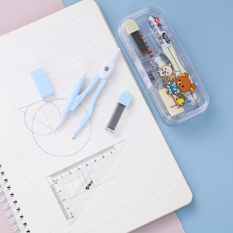 Cartoon Cute Bear Compasses 7-Piece Set Student Professional Drawing Ruler Protractor Mechanical Pencil Lead Wholesale