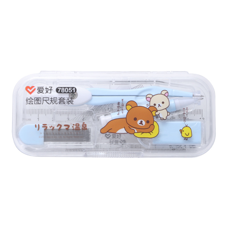 Cartoon Cute Bear Compasses 7-Piece Set Student Professional Drawing Ruler Protractor Mechanical Pencil Lead Wholesale