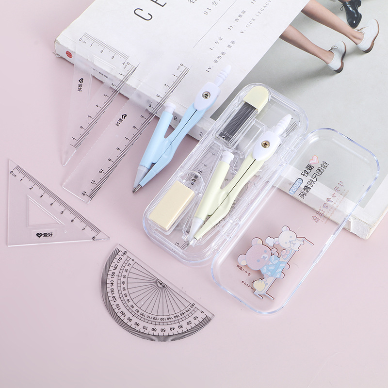 Cartoon Cute Bear Compasses 7-Piece Set Student Professional Drawing Ruler Protractor Mechanical Pencil Lead Wholesale