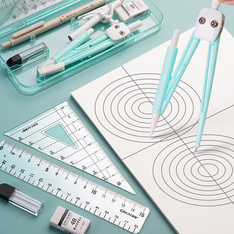 Ruler Compasses Pencil 9-Piece Set Student Drawing Tools Morandi Children Learning Stationery Ruler Wholesale